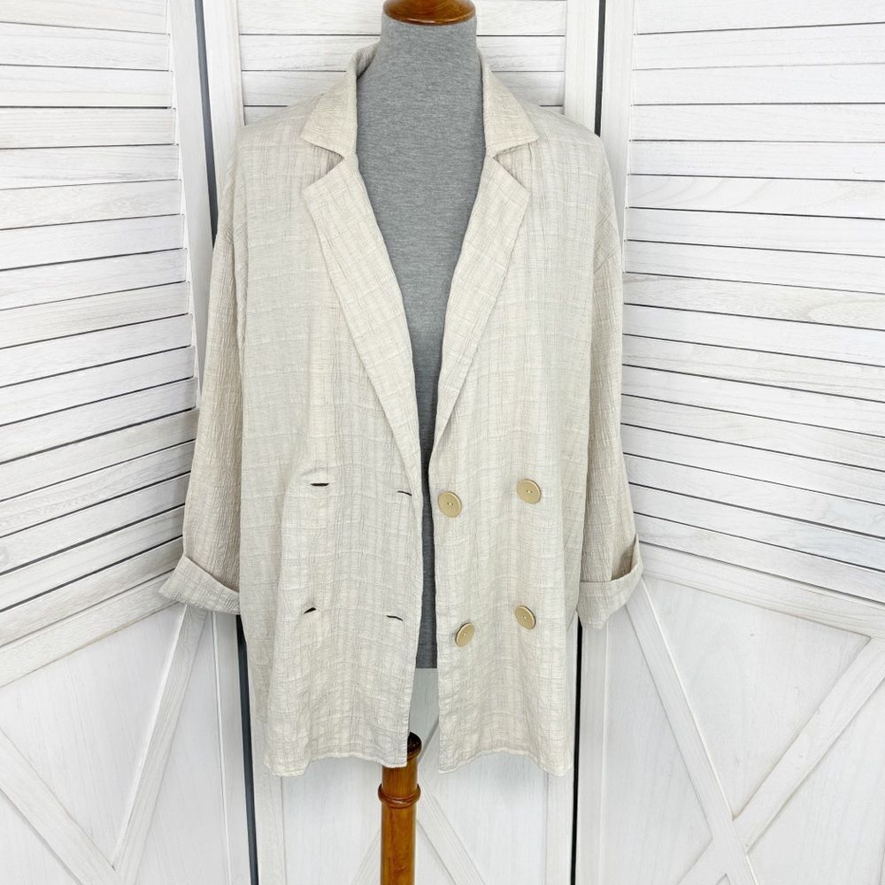 Zara‎ Crinkled Look Slouchy Blazer Tan Medium Linen Blend Double Breasted